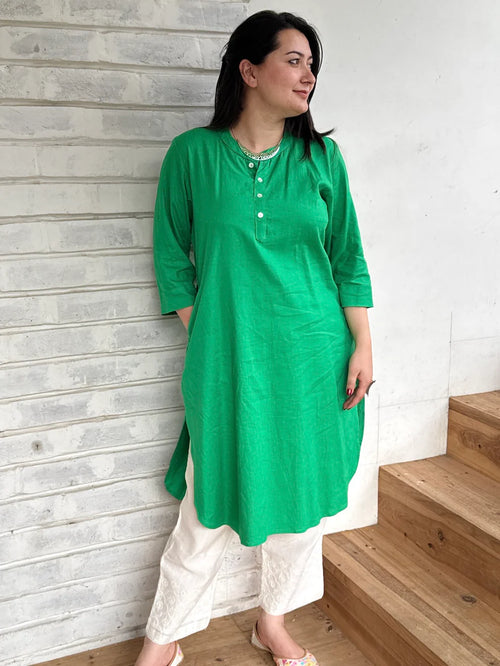"Alia" - Fresh Green Cotton Kurta with White Pant Set