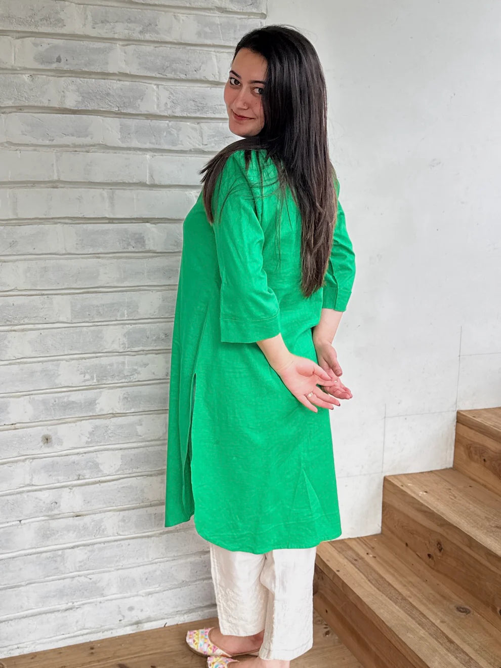 "Alia" - Fresh Green Cotton Kurta with White Pant Set