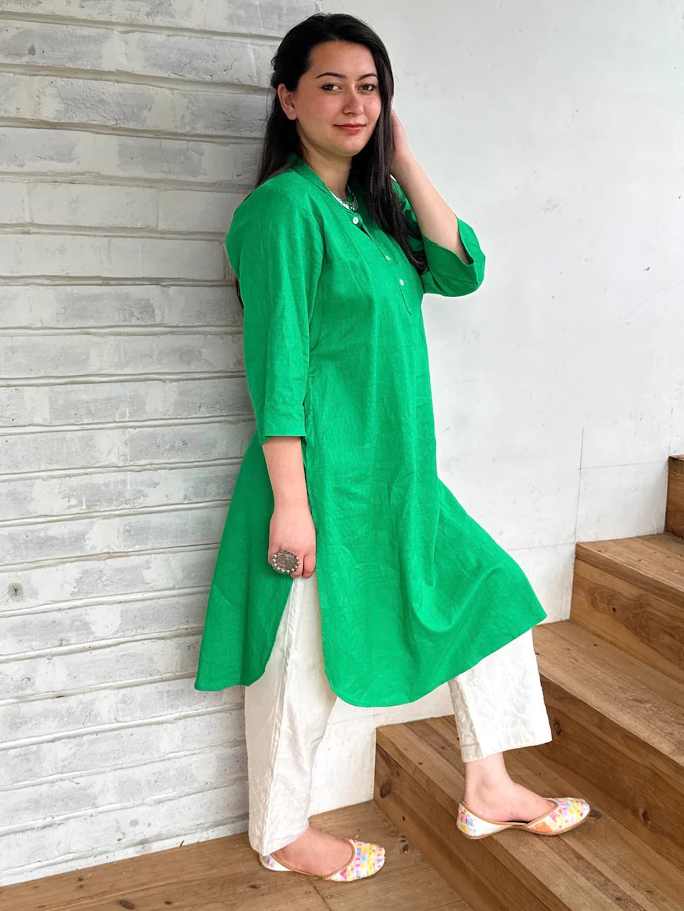 "Alia" - Fresh Green Cotton Kurta with White Pant Set