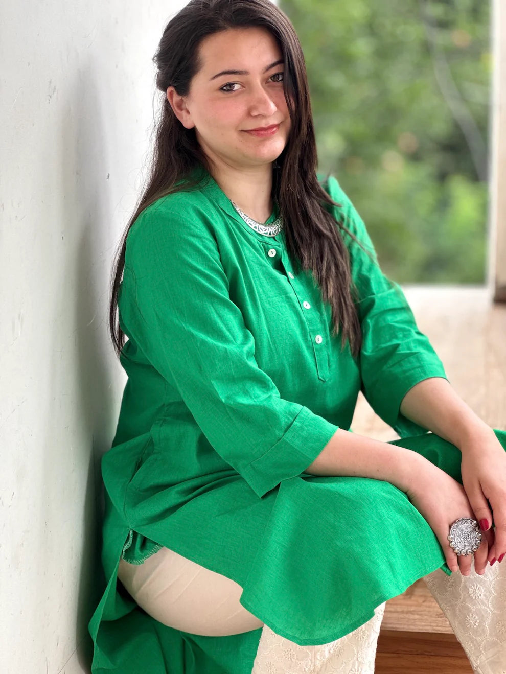 "Alia" - Fresh Green Cotton Kurta with White Pant Set