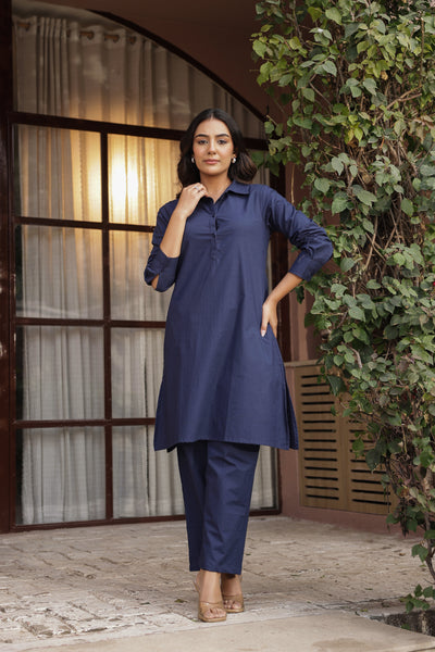 DHURANDHAR – NAVY BLUE | Cotton Kurta Pant Set