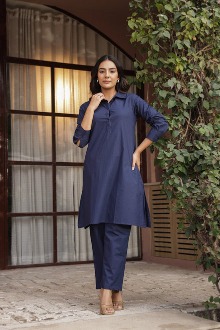 DHURANDHAR – NAVY BLUE | Cotton Kurta Pant Set