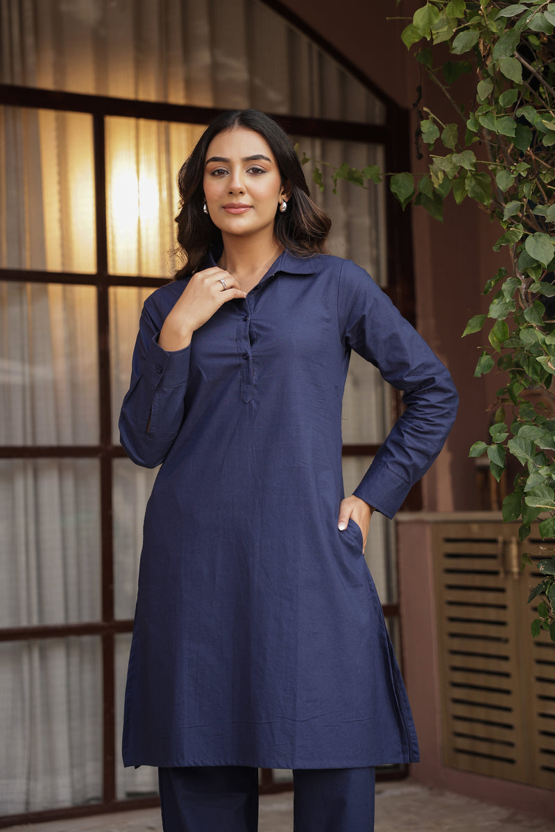 DHURANDHAR – NAVY BLUE | Cotton Kurta Pant Set