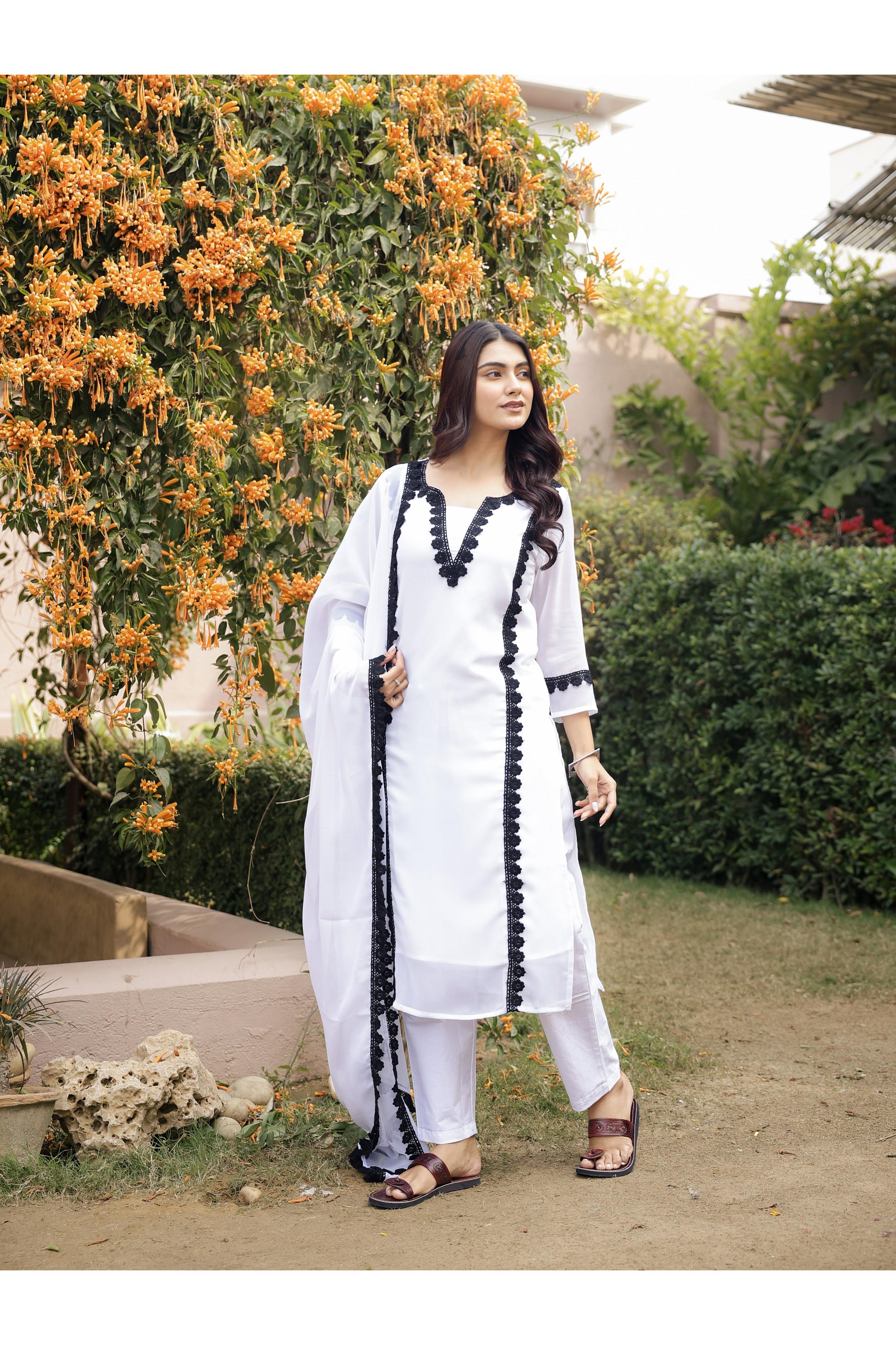 DILBAR – WHITE | Georgette Suit Set with Crepe Lining