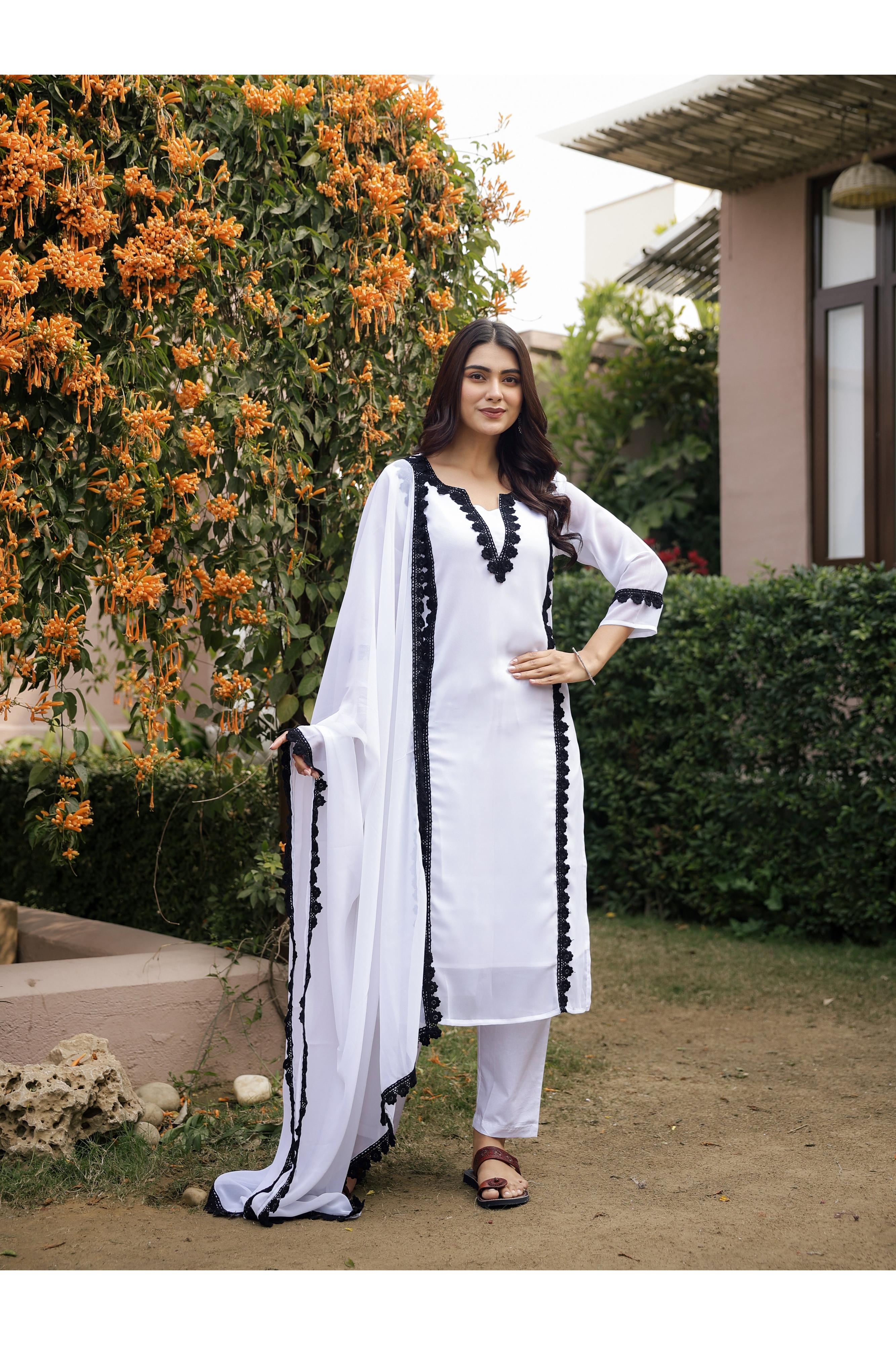 DILBAR – WHITE | Georgette Suit Set with Crepe Lining