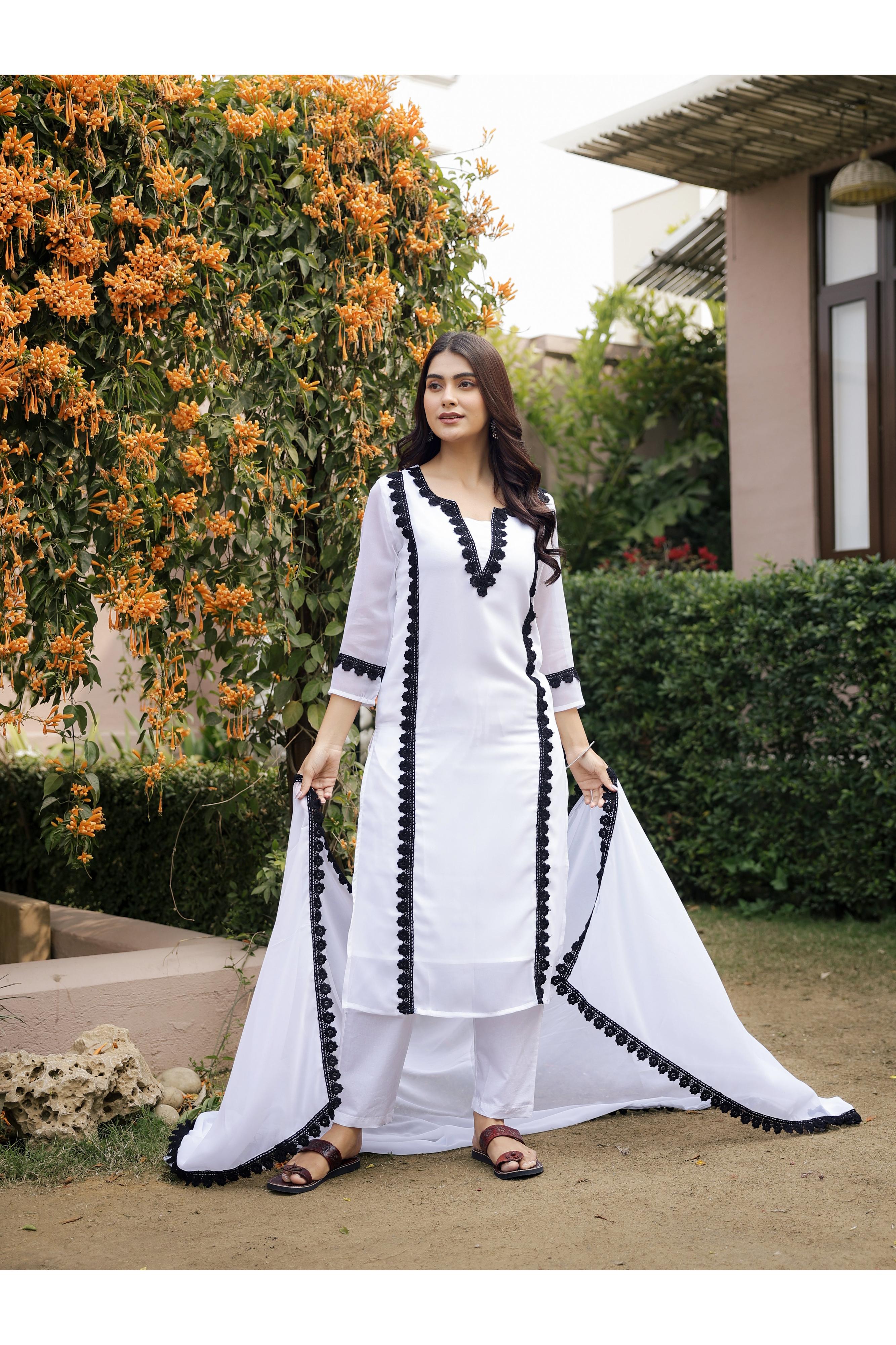 DILBAR – WHITE | Georgette Suit Set with Crepe Lining