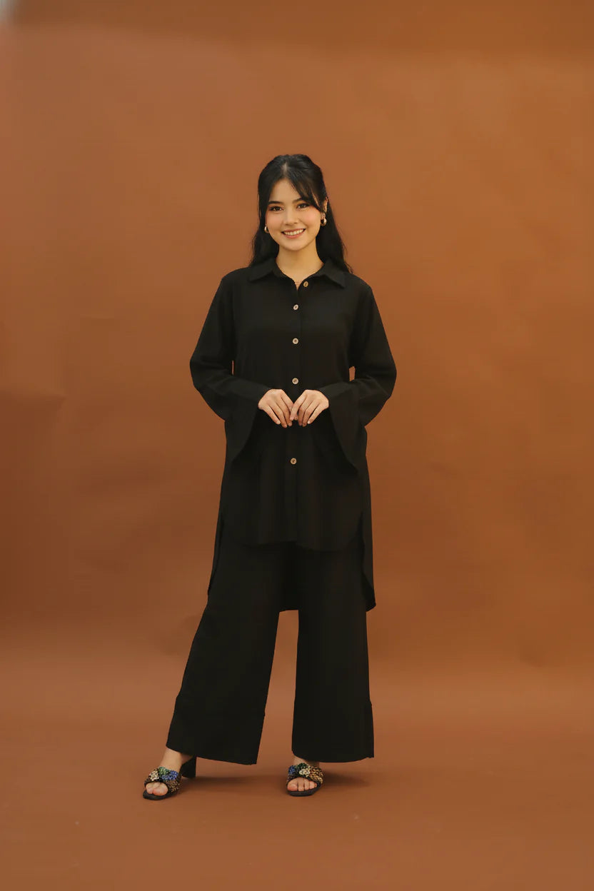 "Zenia" – Midnight Black Premium Textured Co-ord Set with High-Low Tunic