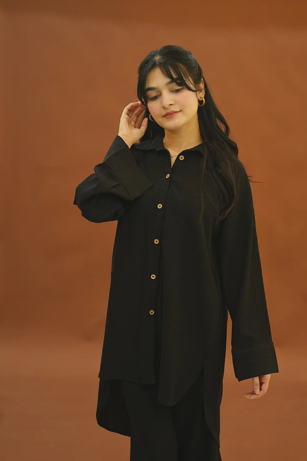 "Zenia" – Midnight Black Premium Textured Co-ord Set with High-Low Tunic