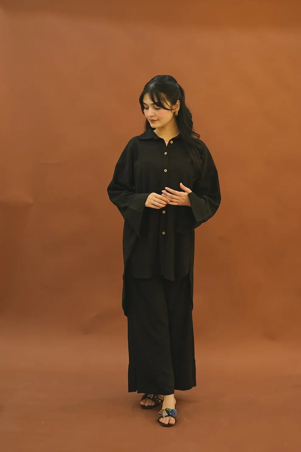 "Zenia" – Midnight Black Premium Textured Co-ord Set with High-Low Tunic