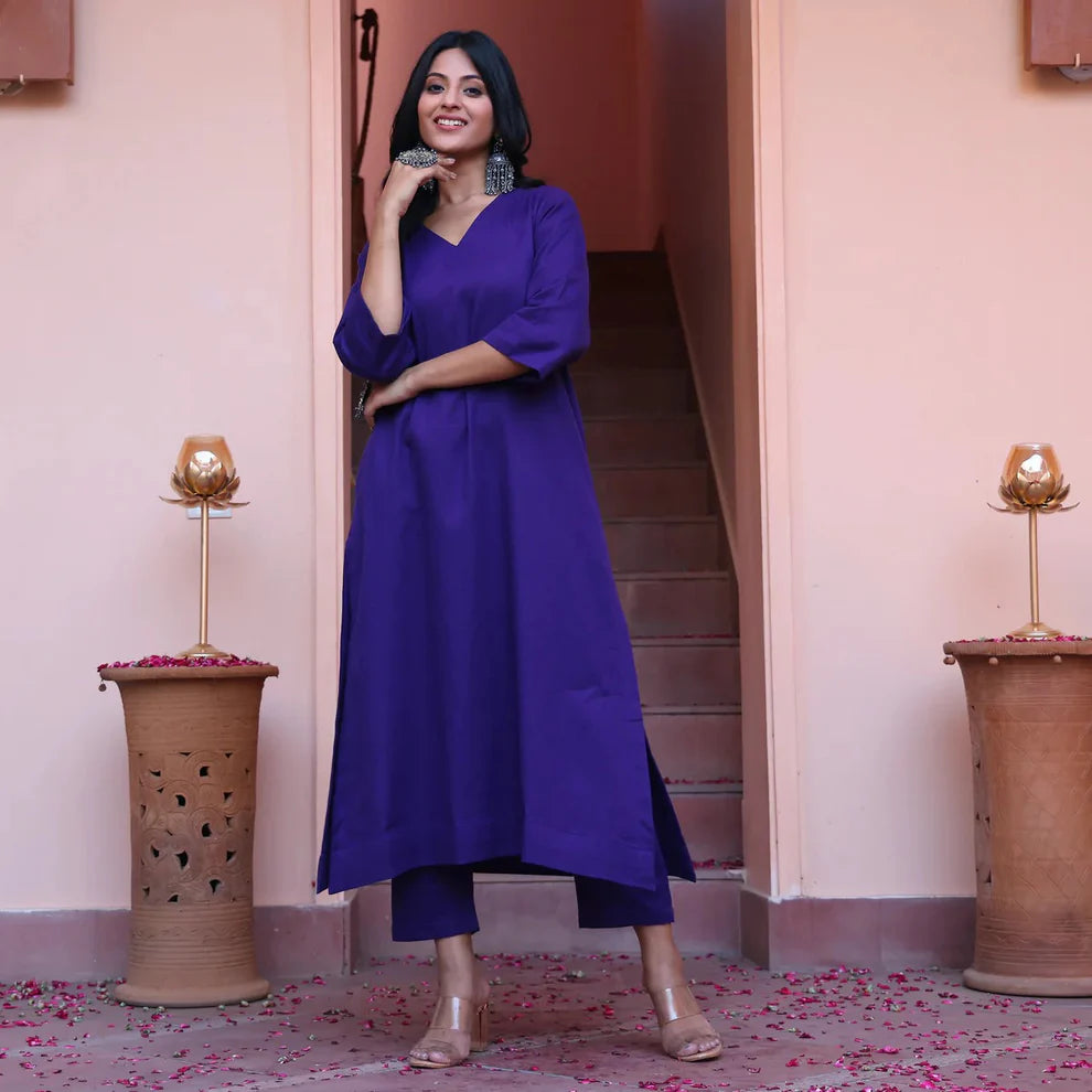 "Indra" - Royal Purple Cotton Kurta Set