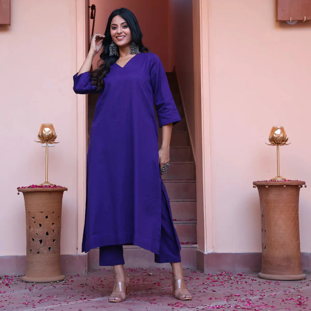 "Indra" - Royal Purple Cotton Kurta Set